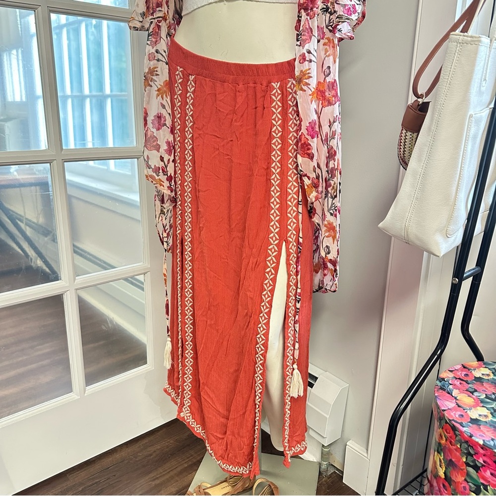 Orange maxi skirt double slit embroidery